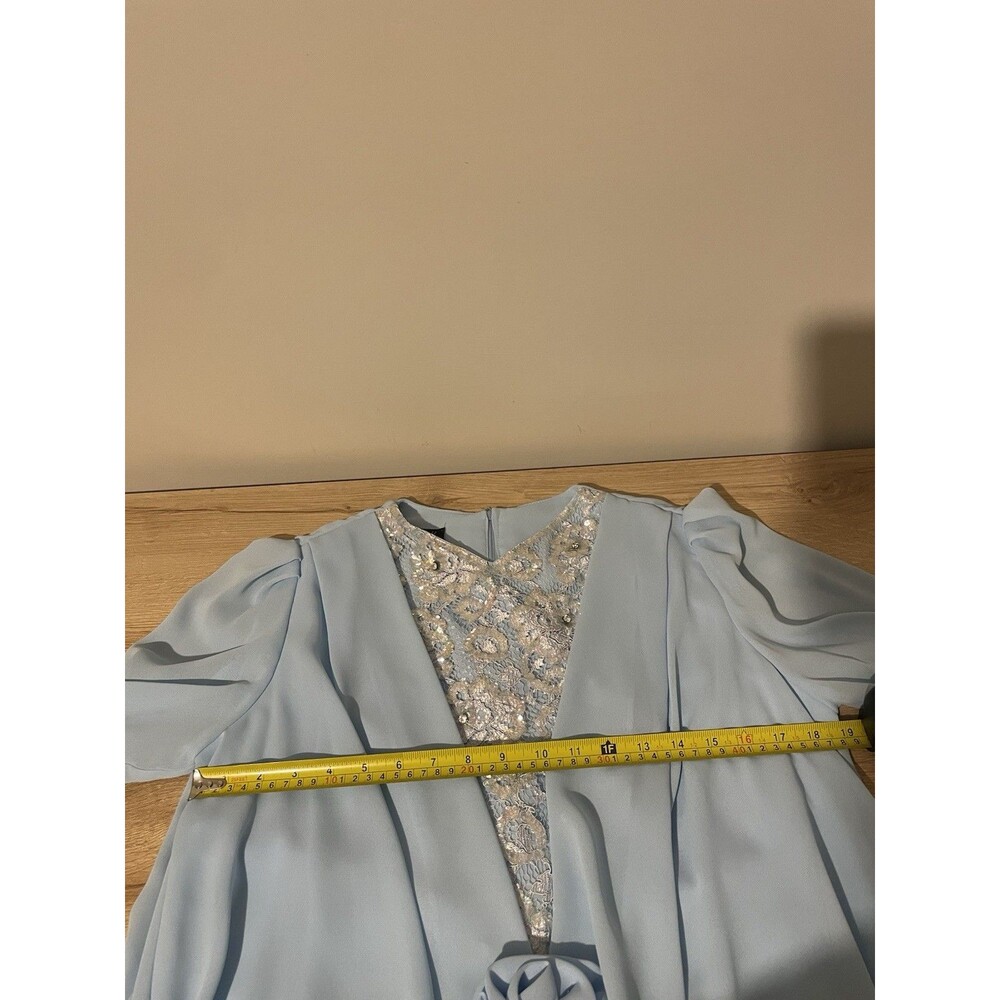 Jovani Light Blue Chiffon Capelet Gown Silver Lace Bodice Formal Size 14 - Picture 7 of 10